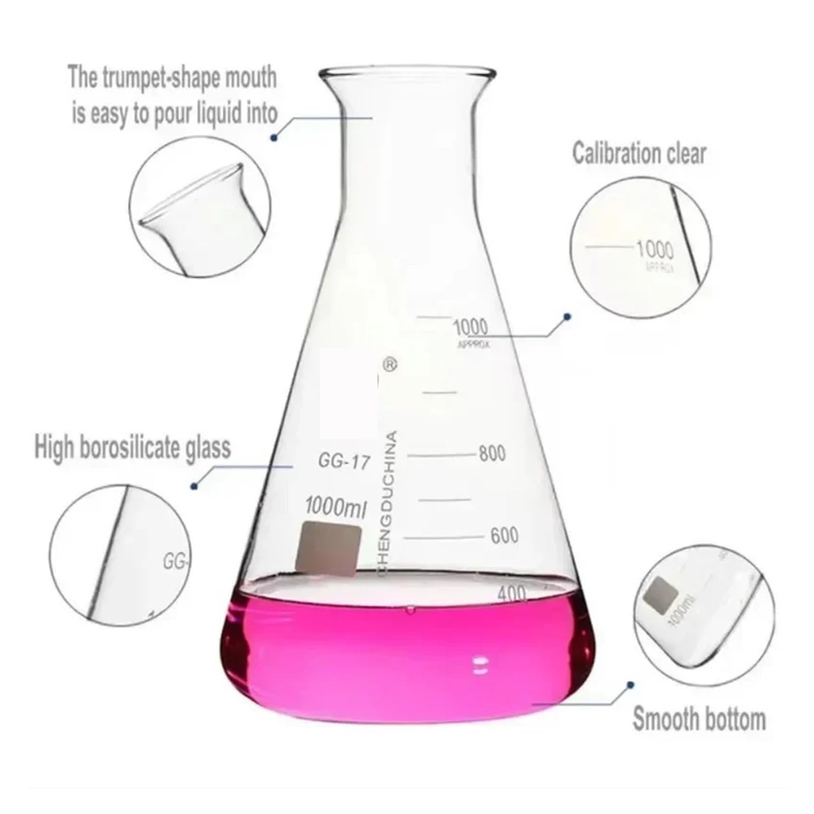 1 matraz Erlenmeyer cónico de vidrio borosilicato for equipos de laboratorio químico(1000ml)