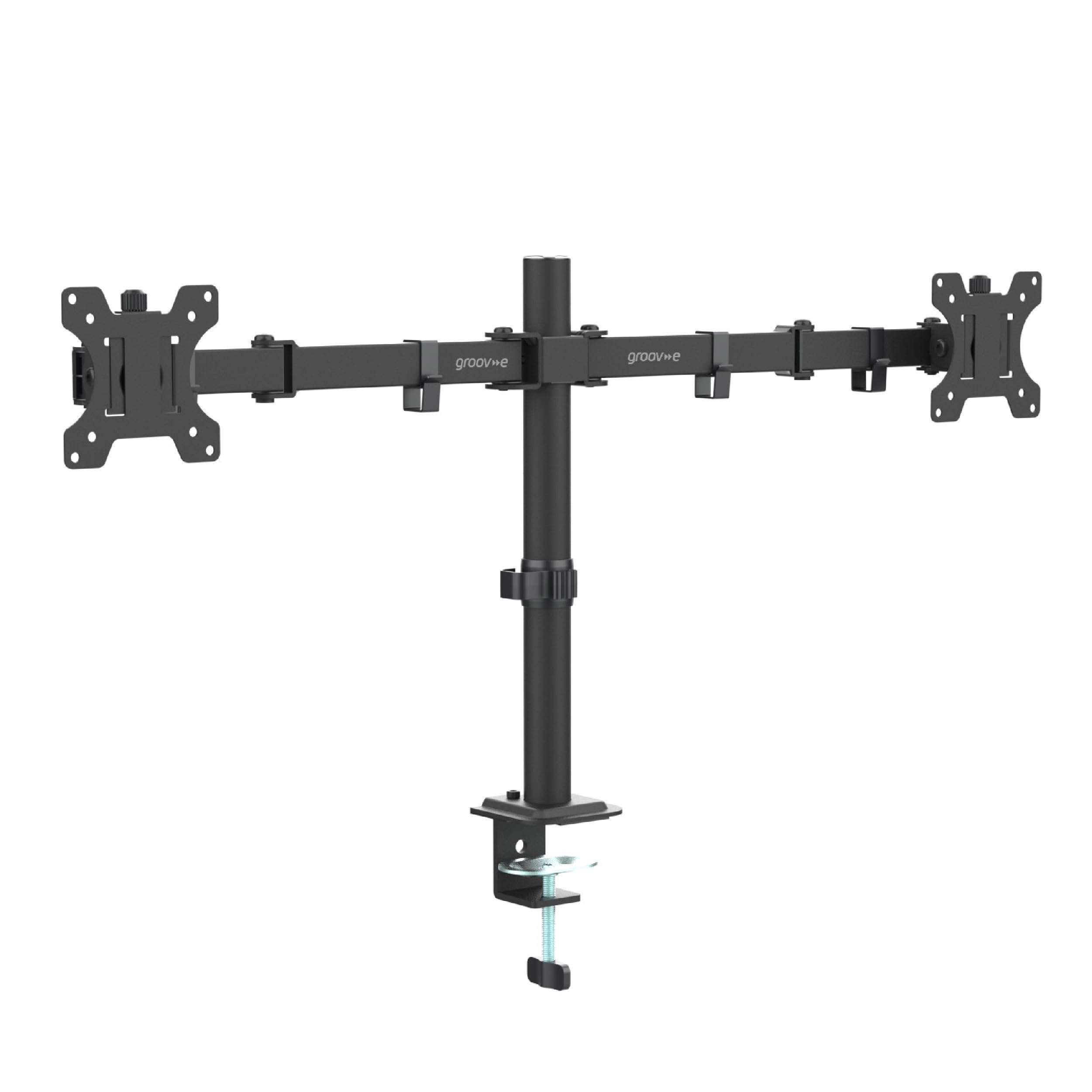 Groov-e Dual Monitor Mount for 13-32 Inch Screens - VESA Compatible, Made of Durable Steel, with Adjustable Height, Tilt, and Swivel, Supports Two Monitors, Includes Cable Management, Easy to Assemble