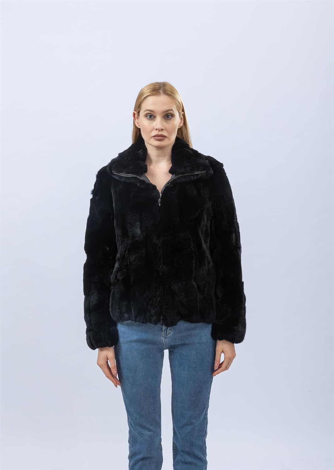 LVCOMEFF Women Natural Rex Rabbit Fur Coat with High Collar