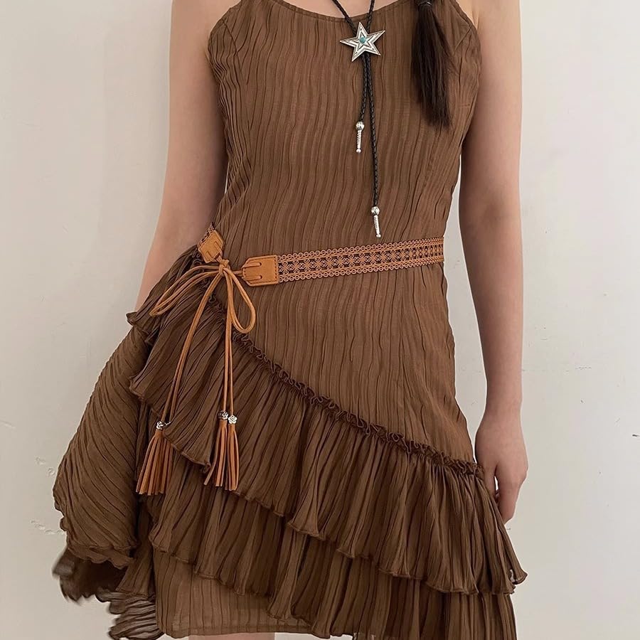 Women Waist Belt/Rope/Chain with Tassel and Beads Boho Wrap Skinny Belt for Skirt Dress Bohemian Style Belt tan3