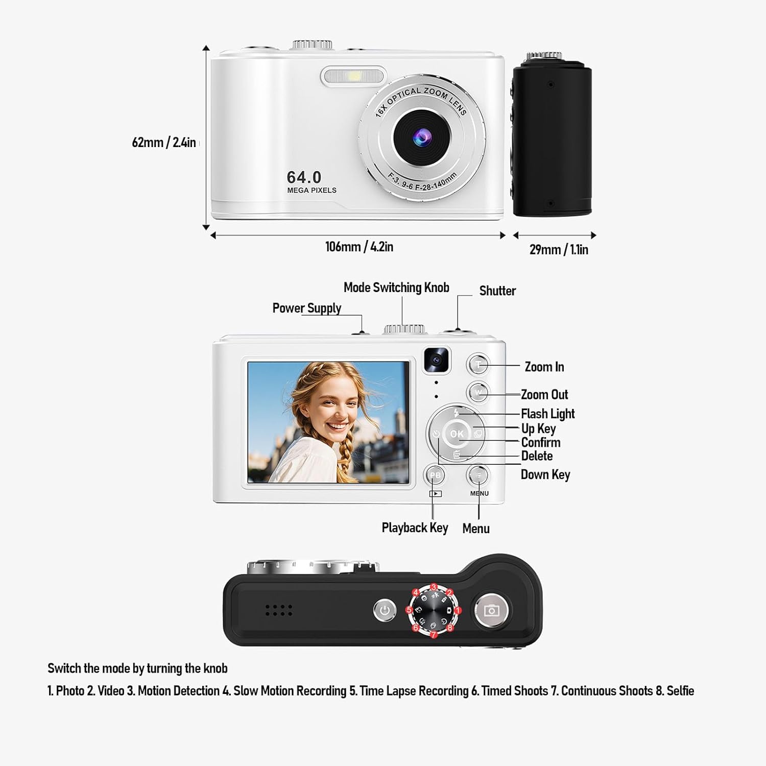 Digital Camera 64MP 4K Video Recording Student Camera Travel Graduation Photography (White)
