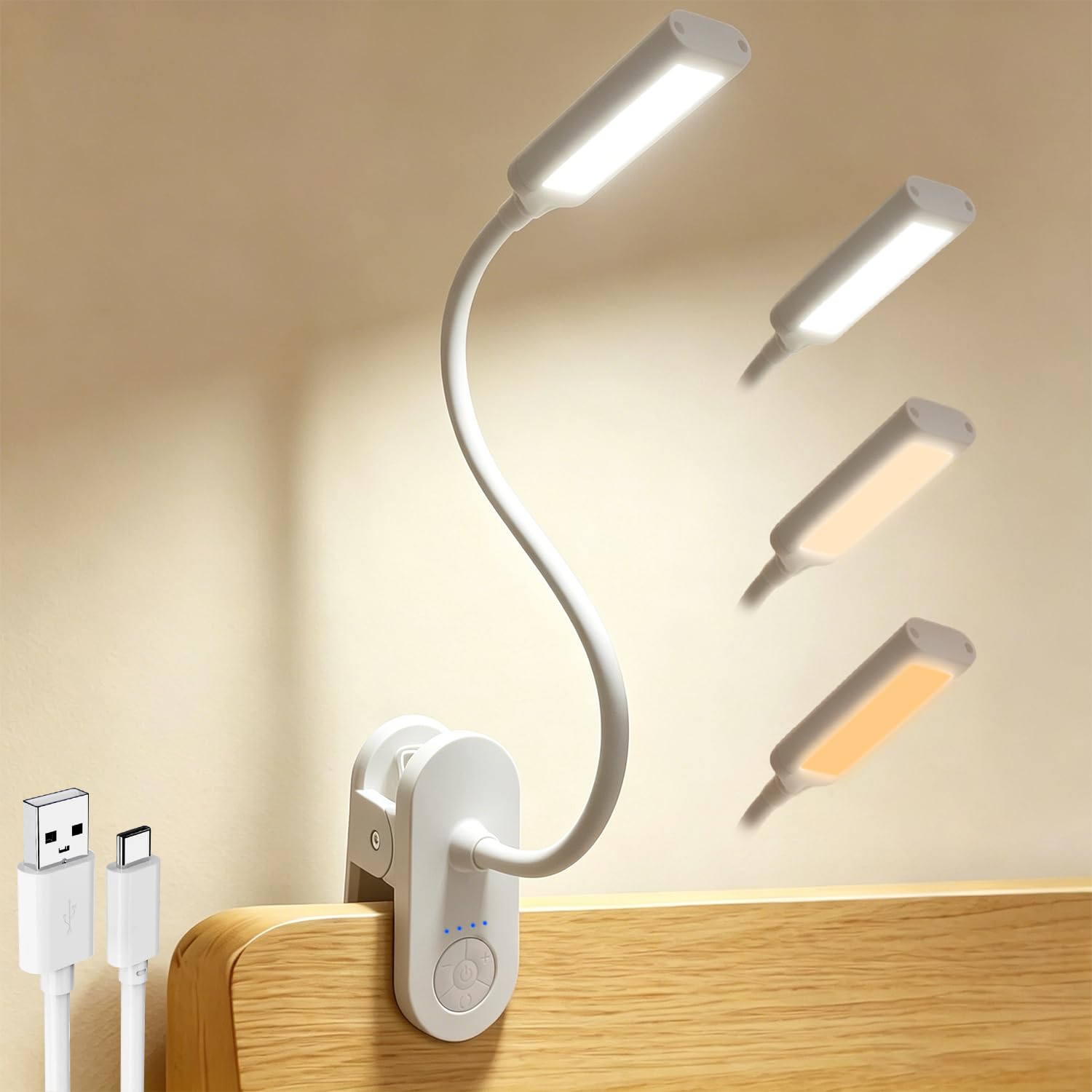 Rechargeable Clip on Light, 3500mAh Battery Operated Lights with Clamp, Cordless Reading Lamps White-image-11