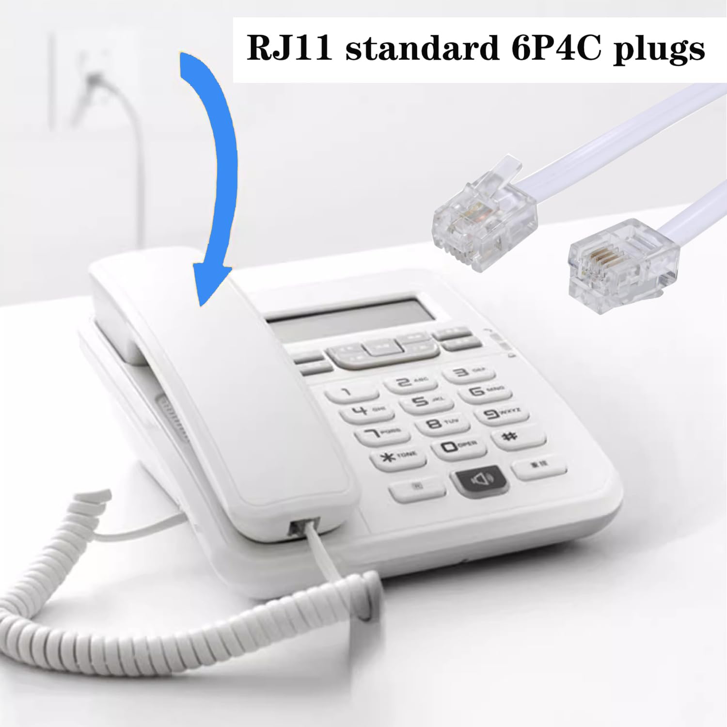 Lot de 4 rallonges de câble pour téléphone fixe avec prise standard RJ-11 6P4C (1,1 m, blanc)