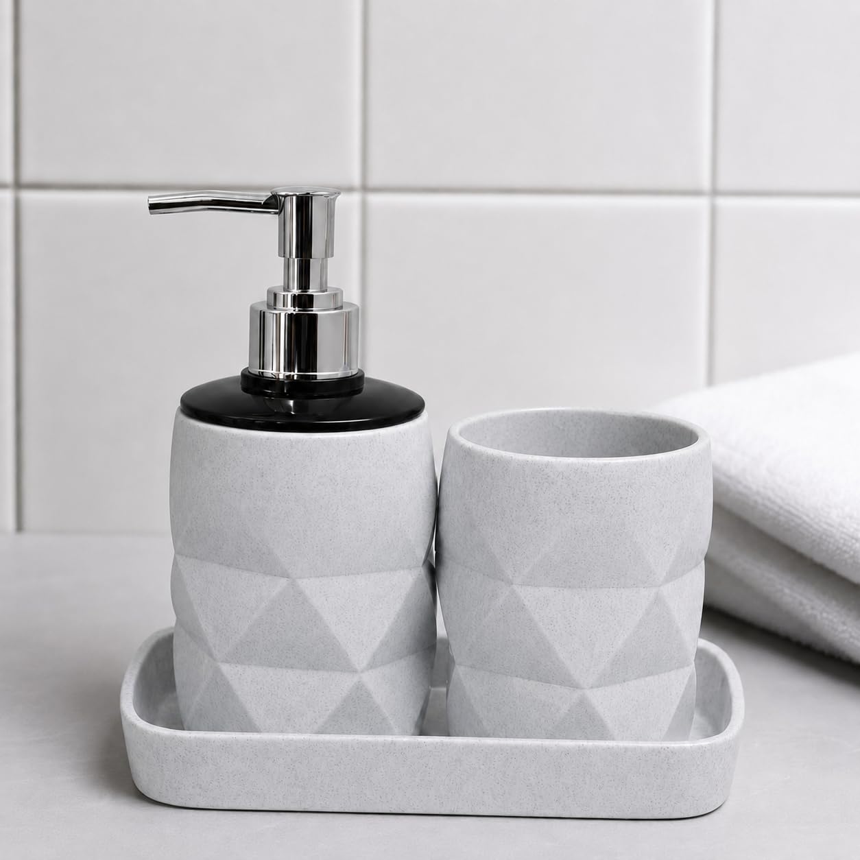 allied sales 3pcs set bathroom soap dispenser set with toothbrush holder and vanity tray unbreakable linea (white)