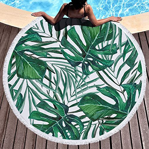 Icosamro Leaf Beach Towel Round Oversized Microfiber, Monstera Palm Tree Tropical Leaves Circle Beach Blanket Pool Bay Bathroom Decor For Women Men Kids Boys Girls, 59 Inches, Green #TOP7