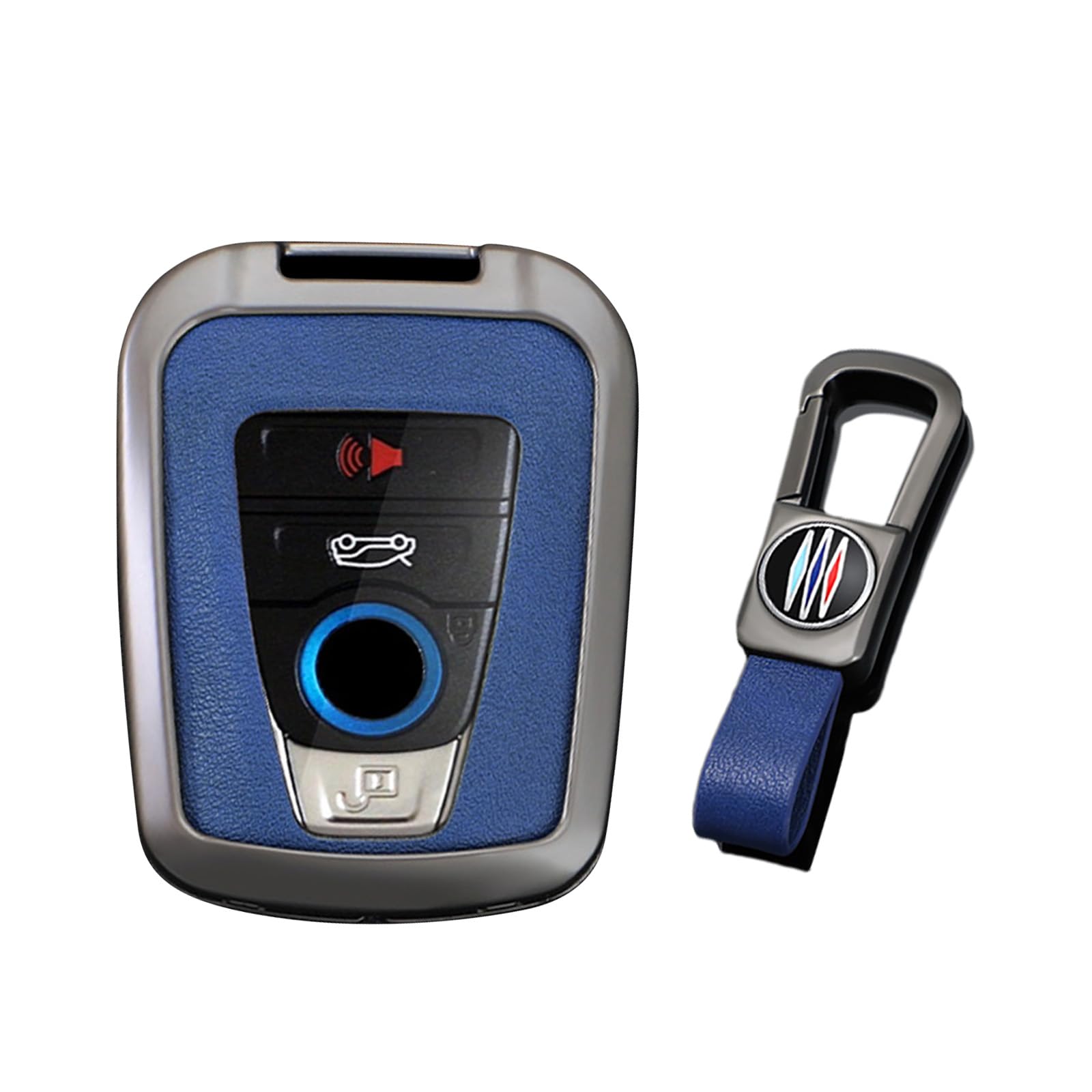 KUNIO PU Leather+Zinc Alloy 4 Button Smart Key Fob Cover Case Fit for BMW 2014-2019 I3 2014-2020 I8 Keyless Key Holder with Leather Keychain Car Accessory C Gun Blue