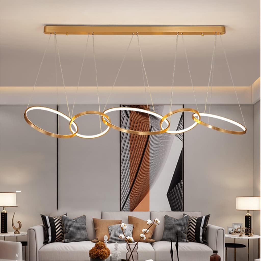 Lampada a sospensione Lampada a sospensione a LED Lampadario moderno per tavolo da pranzo Lampadario regolabile in altezza Lampada da soggiorno Dimmerabile con telecomando Anelli in alluminio Lampada