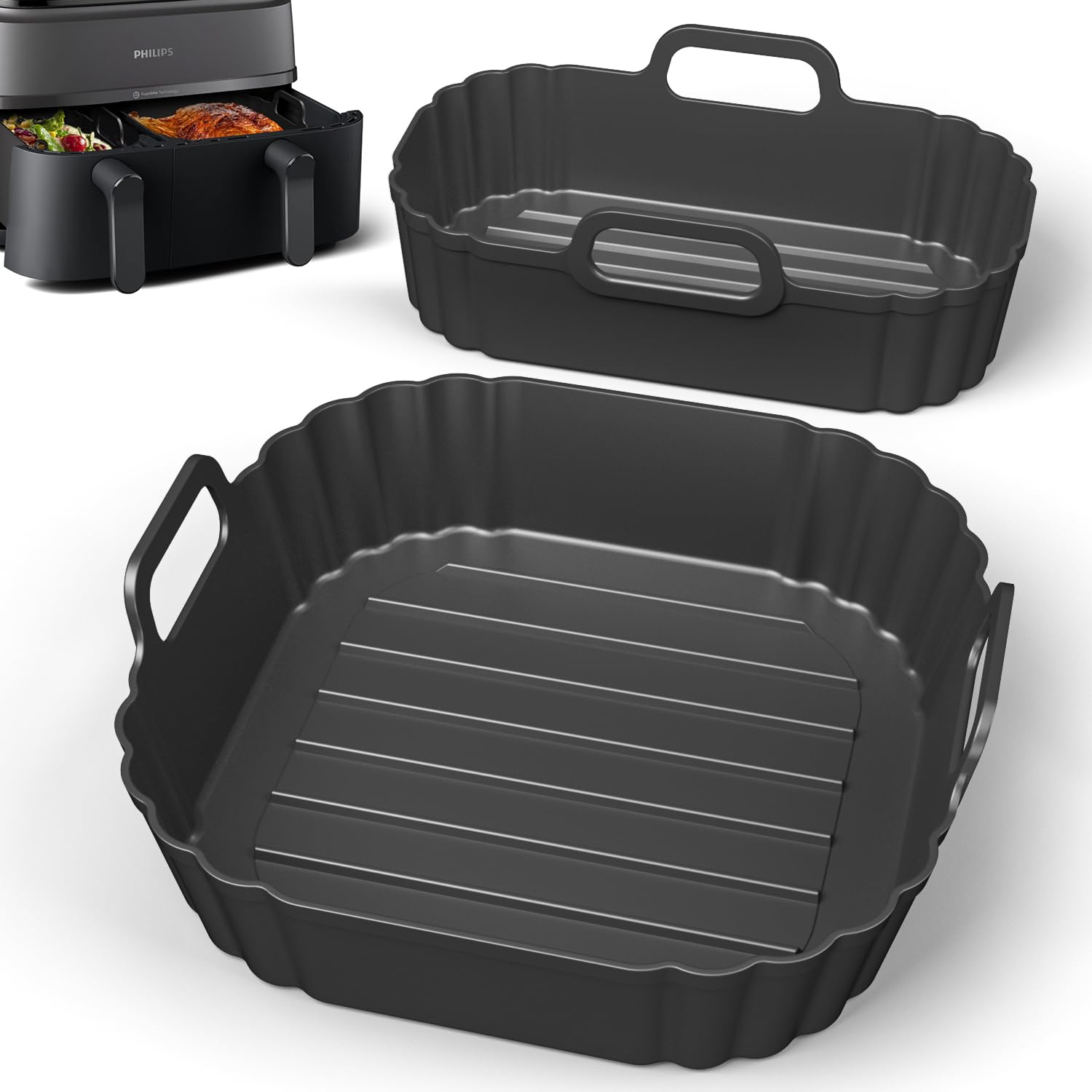 PINTAUR Silicone Air Fryer Liner 2 Pack, Reusable Basket Accessories for Philips Dual Basket Airfryer 3000 Series 6L/3L, Tefal EY9018 5.2/3.1 L, Airfryer Trays Accessories