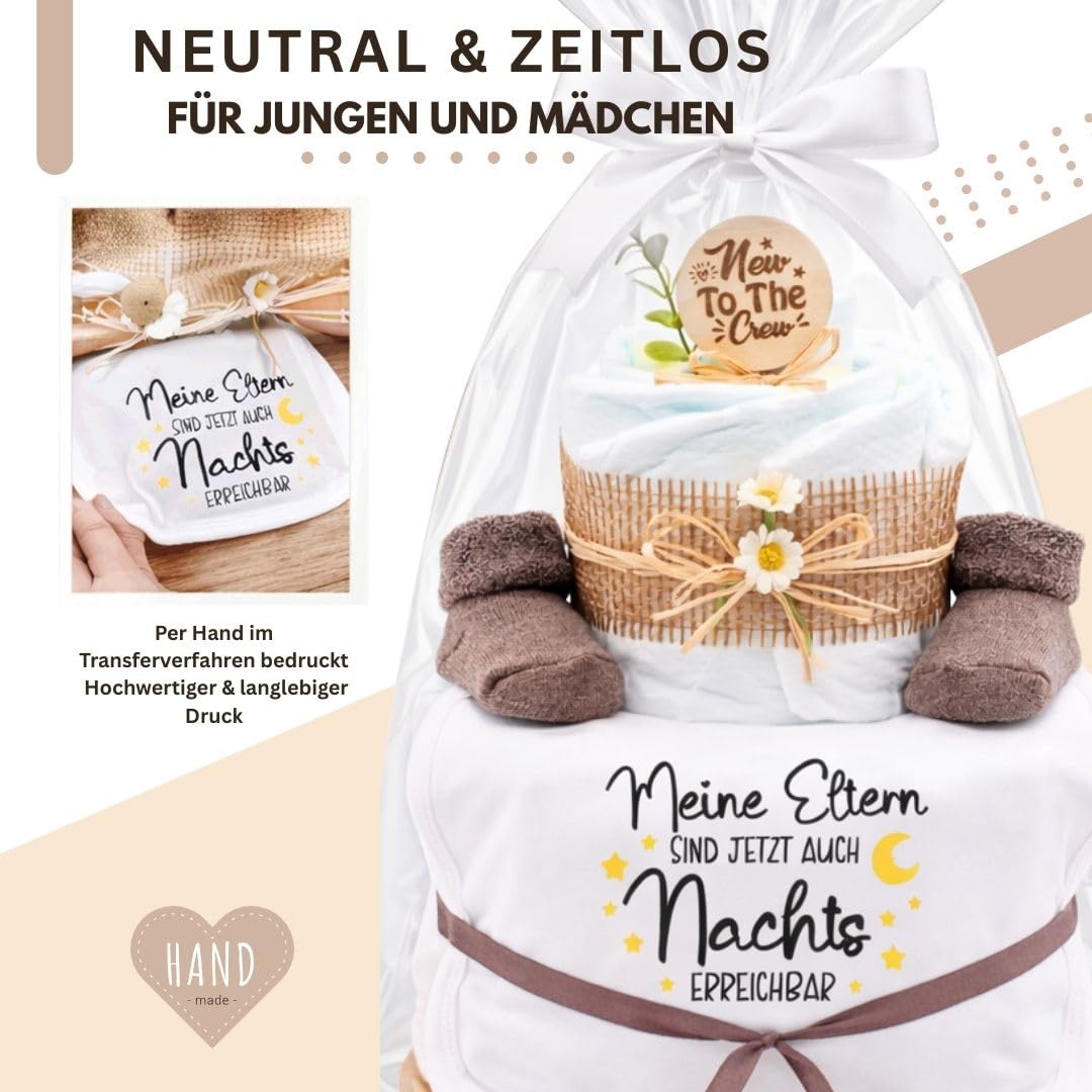 Trend Mama® | Windeltorte | Nature Design | Spruch wählbar| 27 Windeln (Größe 2) 1x Baby Lätzchen, Kuschelsocken |Geschenk Geburt (Design| Meine Eltern sind jetzt auch Nachts erreichbar)