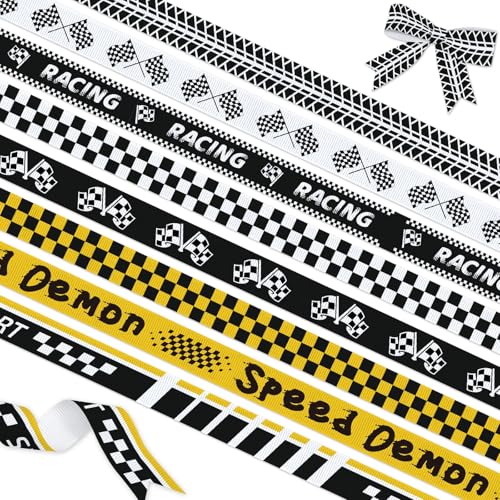 YKW 8 Rolls Racing Checkered Ribbon Set Black and White Checkered Ribbon Sports Ribbons for Hair Bows Crafts Decorations 3/8 x 3 Yards Each | Grosgrain Ribbons for Racing Party