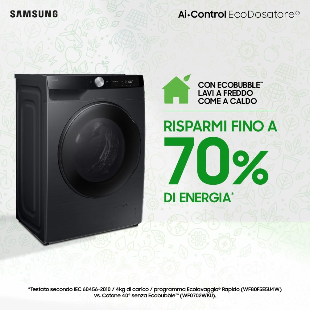 Samsung Lavasciuga Slim AI Control EcoDosatore WD90DG6G94BB, 9+5 kg, Wifi, Ecodosatore, AI Wash, Carica Frontale, 60L x 85H x 48P cm