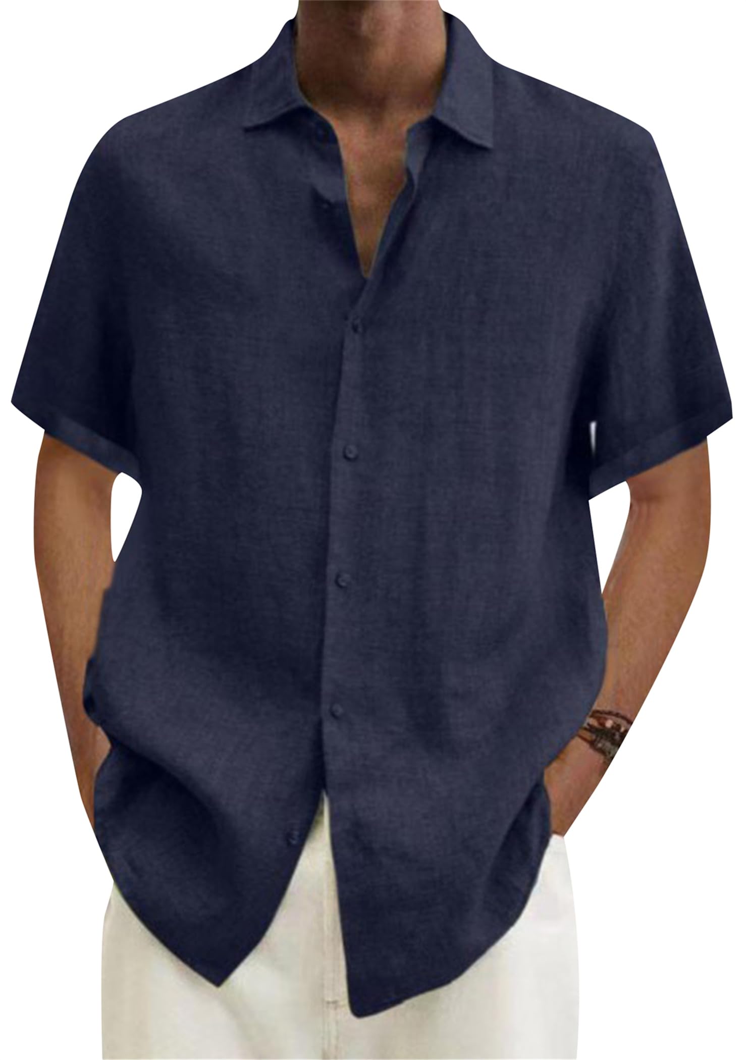 OMZIN Los Hombres De Verano De Manga Corta De Color Sólido Camisas Lapel Button Down Lino Camisas Sueltas Tops