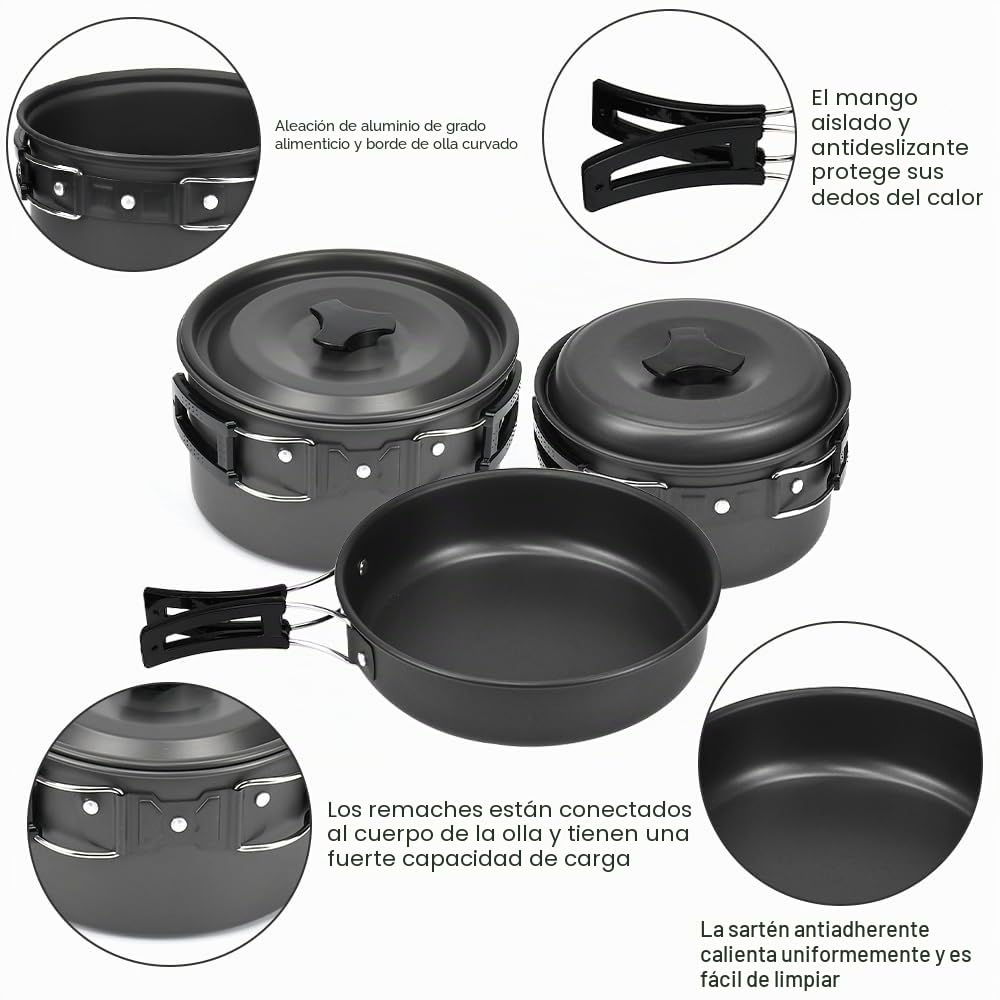 9 pcs Utensilios de Cocina para Camping, Juego de Ollas y Sartenes para Camping Vajilla para Acampada Portátil, Kit Utensilios de Cocina Camping para 2-3 Personas para Senderismo Picnic