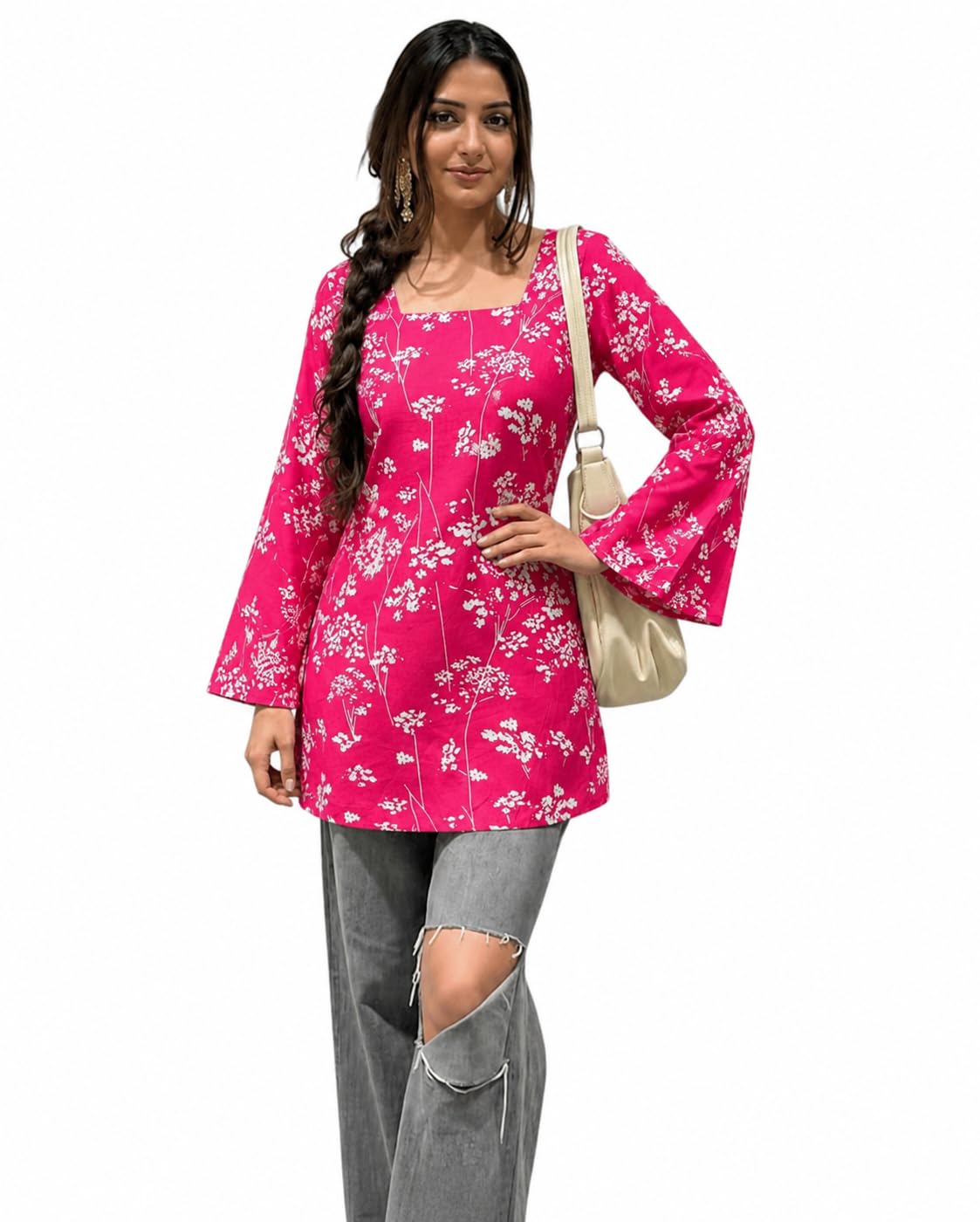 SONISHA Women's Rayon Floral Print Short Kurti for Women Elegance Square Neck, Long Sleeves with Style Criss Cross Back Kurti, Top for Office Wear, Casual, Outdoor, Hot Pink, 3XL-46