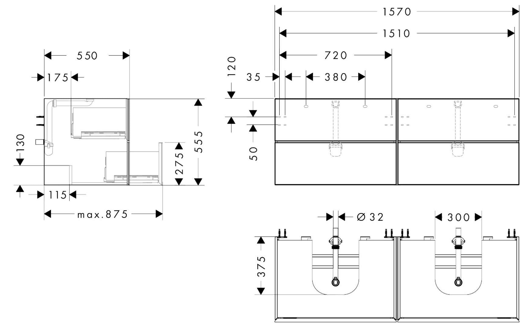 Hansgrohe Xevolos E Mueble bajo Lavabo, 4 cajones, 2 Huecos, 1570x550x555mm, para Consola con 2 lavabos sobre encimera, 54, Color: Carcasa Blanca Mate, Frontal Blanco Metalizado