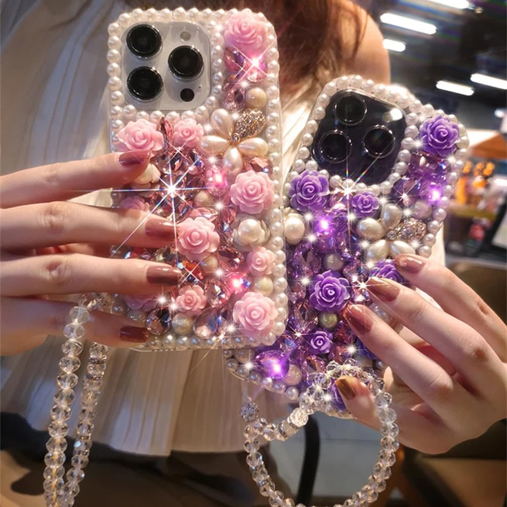 Custodia per telefono con fiore di perle di diamanti adatta per iPhone 15 14 Pro Max 13 12 11 X XR XS 8 Custodia con braccialetto trasparente a forma di fiore, viola, per iPhone 12Pro Max