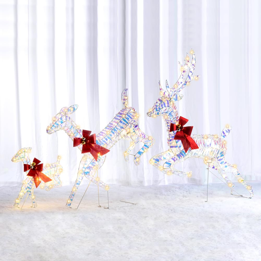 BAKAJI Familie 3 Rentiere Lichter Weihnachten Warmweiß für Außen Hirsche Weihnachtsmann LED Dekoration 3D Dekoration Rentier Außentür Garten Terrasse IP44