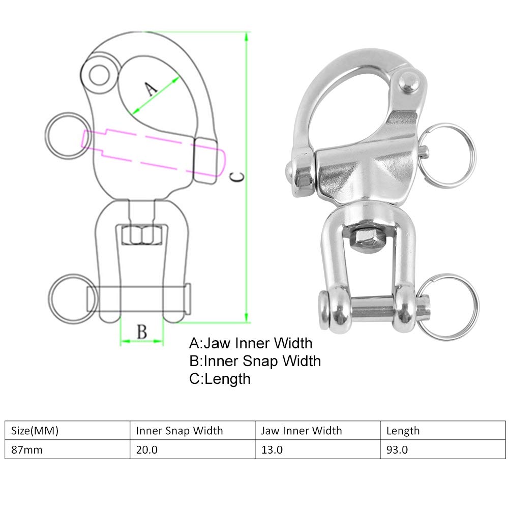 equlup Swivel Eye Snap Shackle Quick Release Boat Marine Swivel Snap Shackle Stainless Steel Clip Sailing Halyard Swivel Jaw Snap Hook