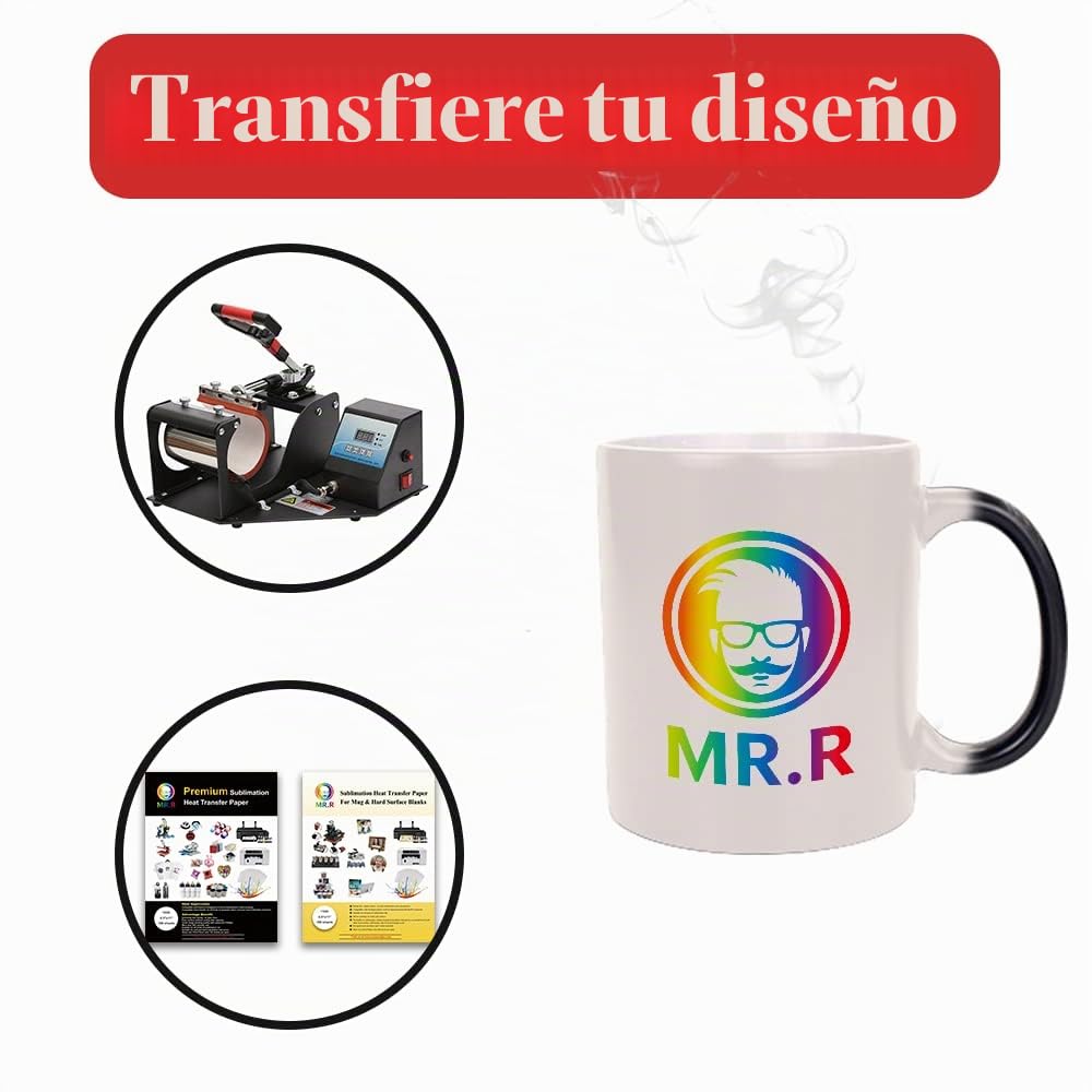 MR.R Juego de 6 tazas mágicas de cerámica blanca de 325 ml que cambian a todo color, sensibles al calor, color negro