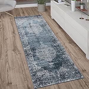 Vloerkleed Loper Gang Slaapkamer Laagpolig Modern Vintage Oosters Patroon Randen, Maat:80×300 cm, Kleur:Blauw