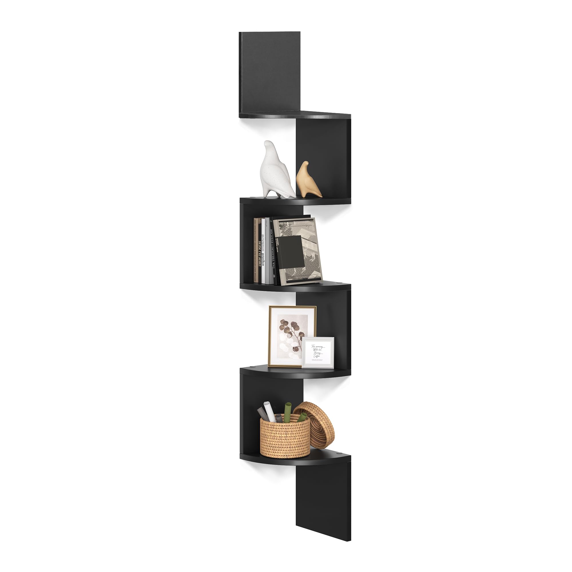 VASAGLE 5-Tier Corner Shelf, Display Floating Shelf in Living Room, Study, Kitchen, Bedroom, for Plants, CDs, Decorations, Modern, Ink Black LBC072B01
