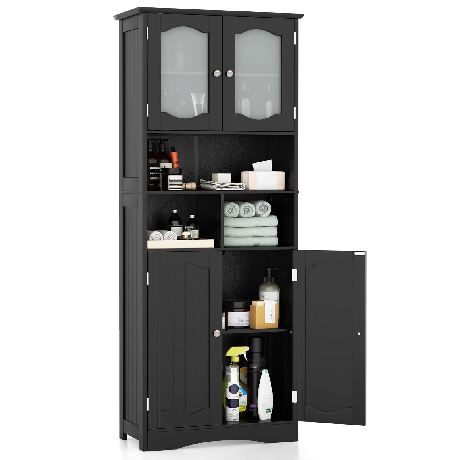 COSTWAY Bathroom Tall Cabinet, Freestanding Storage Cupboard with Tempered Glass Doors and Open/Adjustable Shelves, Wooden High Floor Storage Cabinet for Living Room Kitchen Hallway, 148cm (Black)