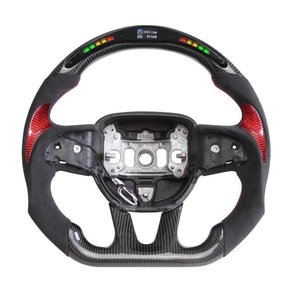 Black Suede Grip Steering Wheel, LED Carbon Fiber Steering Wheel with Red Patches Fit For Dodge Charger/Challenger 2015-2023