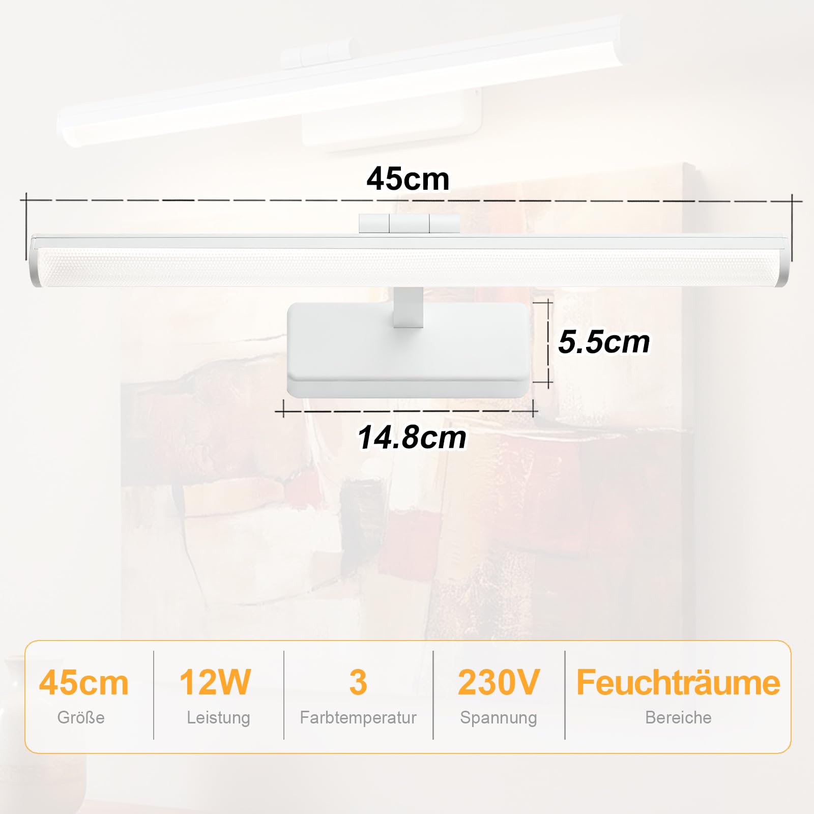 OOWOLF Lampada da Parete per Specchio Bagno 45cm 12W LED, Luce Regolabile 3 Temperatures (3000K-6500K) con Interruttore, Faretti Orientabili per Quadri, Vanità, Soggiorno e Corridoio