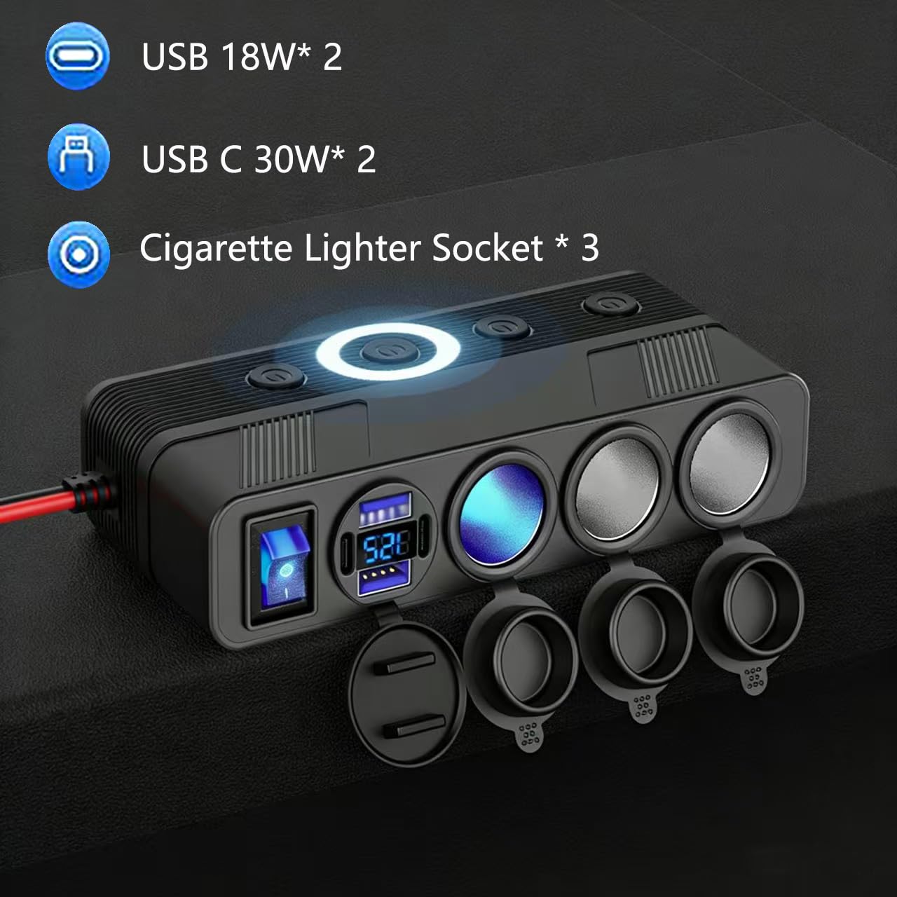 12V Cigarette Lighter Splitter with 10FT/3M Cable, 180W Car Charger Socket Multi 4 USB Port Adapter with LED Display Master and Independent Switch, 12 Volt Power Outlet Plug with Eyelet Terminal - 2