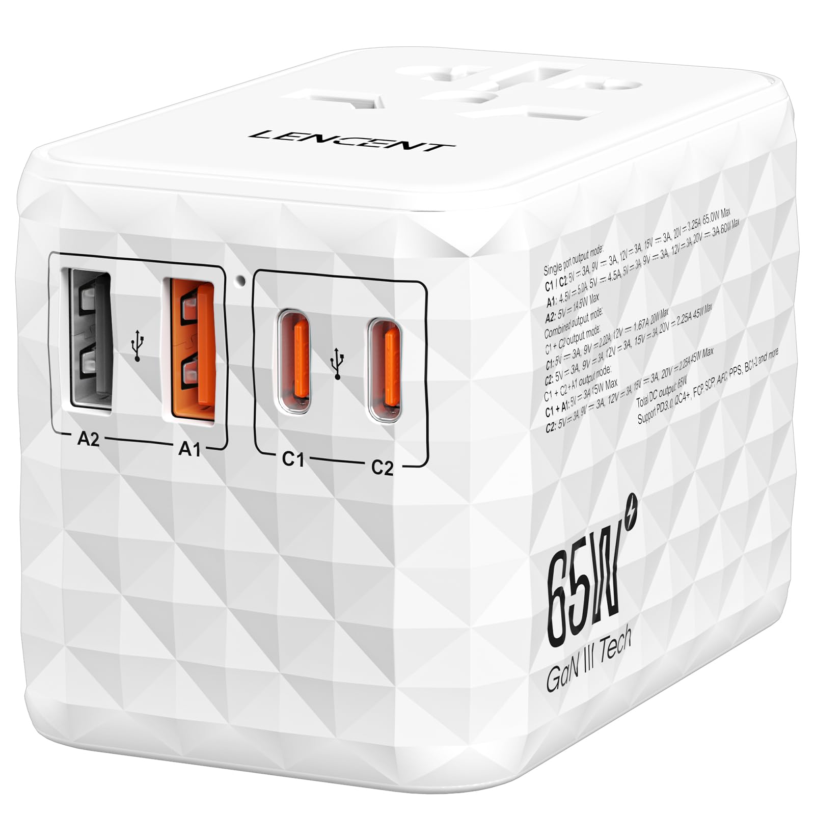 LENCENT 65W Universal Travel Adapter, GaN International Fast Charger 2 USB-A & 2 USB-C Power Plug Converter, Power Outlet Adapter for Phones,Laptops,