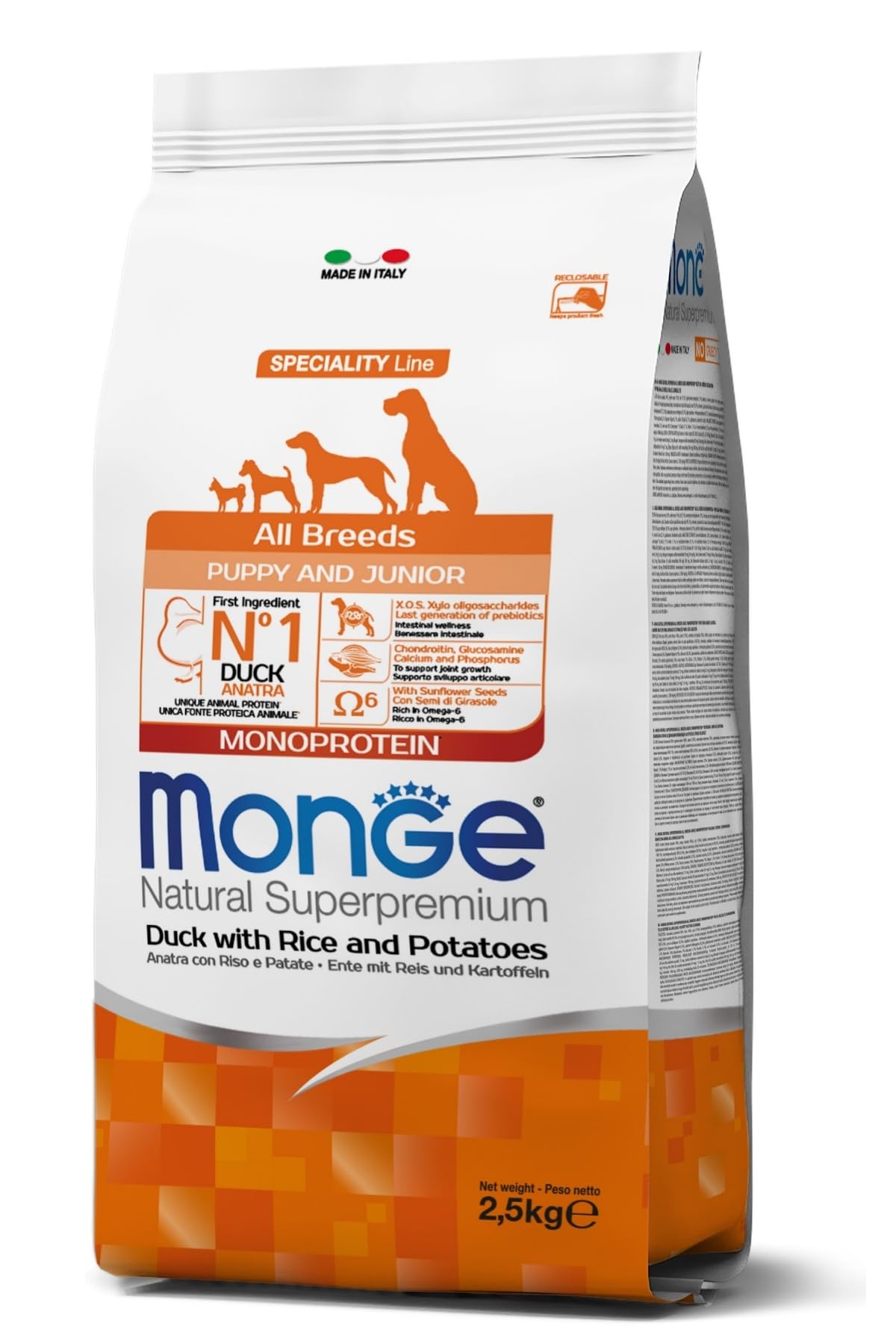 Monge Natural Superpremium Puppy and Junior Duck, Rice and Potatoes, karma dla psów wszystkich ras (sucha karma dla psów z kaczką, ryżem i ziemniakami, bardzo bogata w błonnik i witaminy, 2,5 kg)