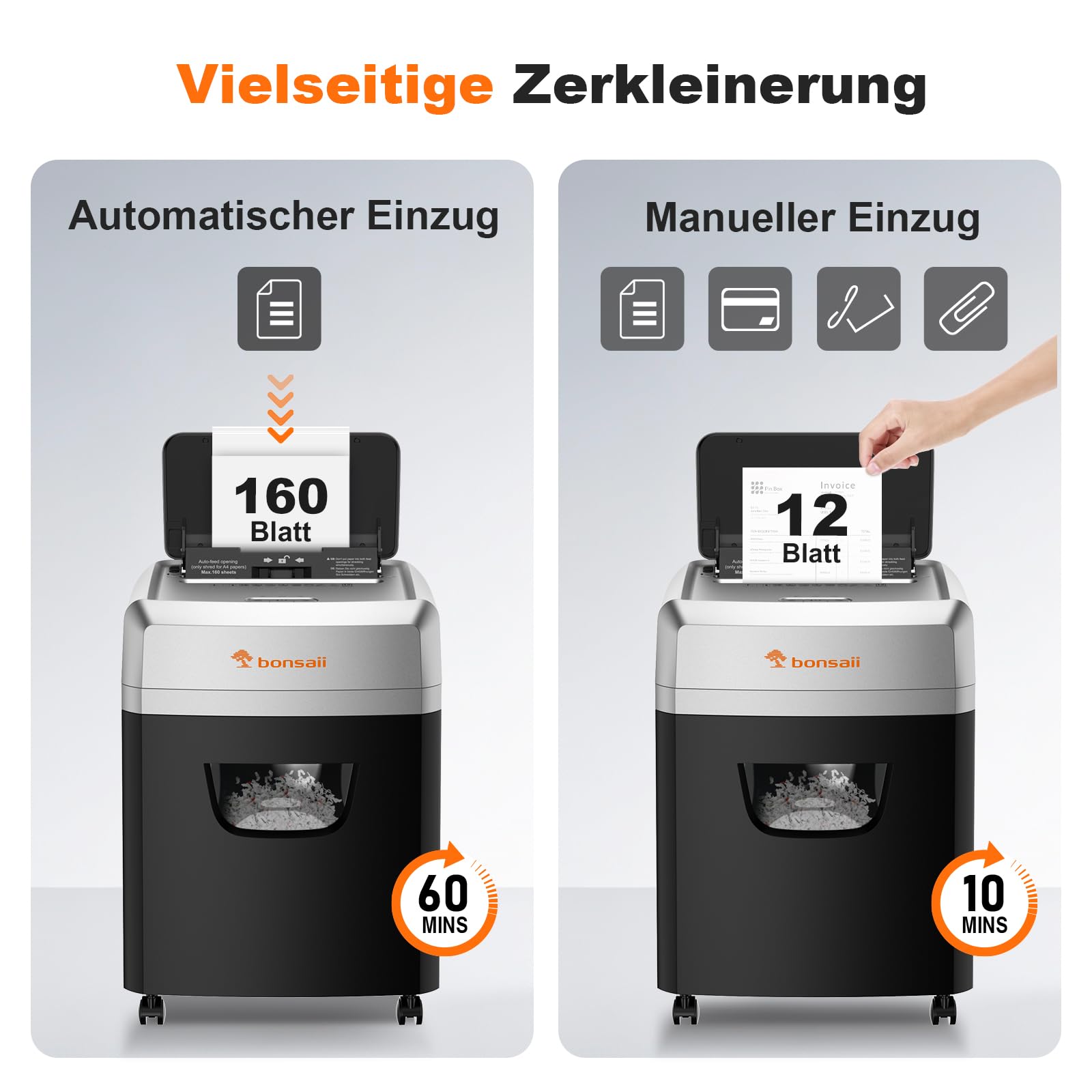 Bonsaii Aktenvernichter mit 160 Blatt Auto-Feed, P-4 Kreuzschnitt Schredder | leiser Betrieb mit 60 Min. Dauerbetrieb und 23L Abwurfbox für den Bürogebrauch, C290-A