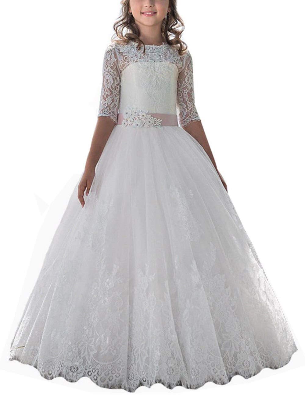 MuchXiKids First Communion Dresses Lace Flower Girls Dress for Wedding Prom Party Ball Gown