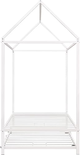 Miniatura 8 de Rhomtree Twin Size Metal Tent Bed House Bed Frame with Roof and Twin Size Trundle Solid  Sturdy Loft Bed Nursery Furniture Tent Bed with Pull-Out