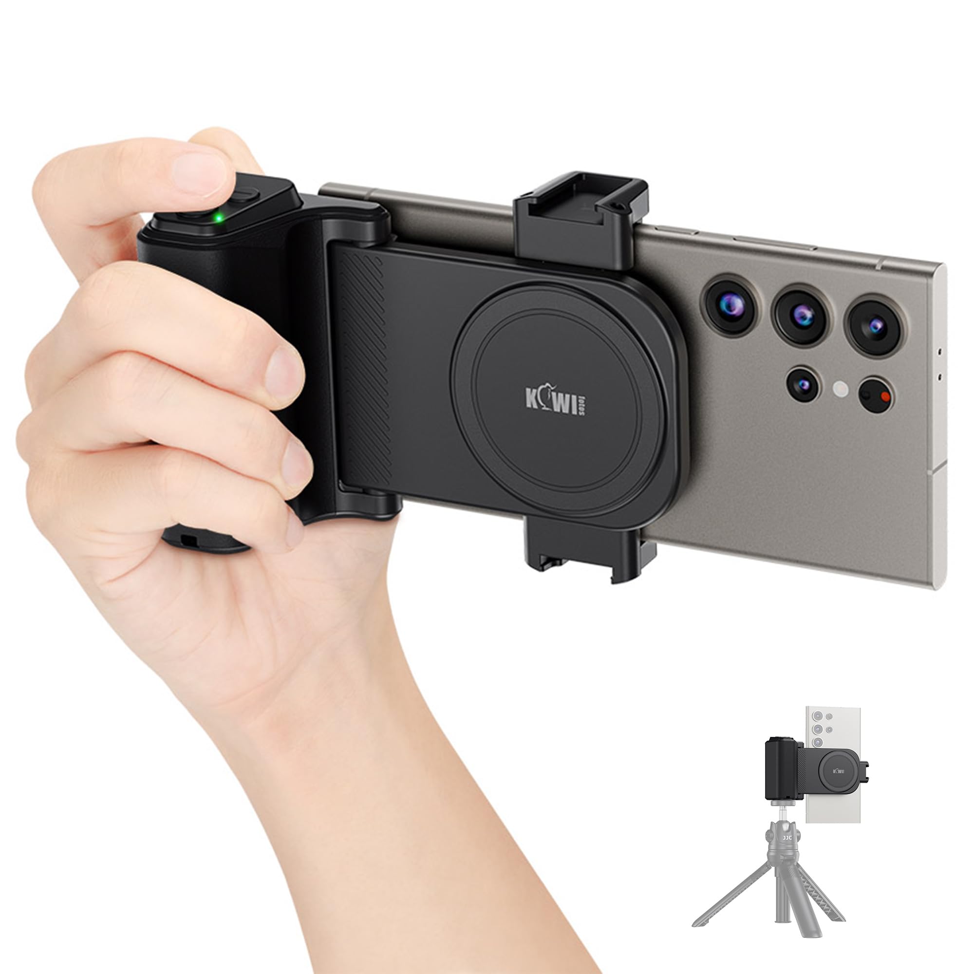 KIWIFOTOS Grand Support pour Smartphone avec Détachable Télécommande, Poignée Magnétique avec Griffe pour Prise de Vue iPhone Android de 59 à 85mm de Largeur (Noir)