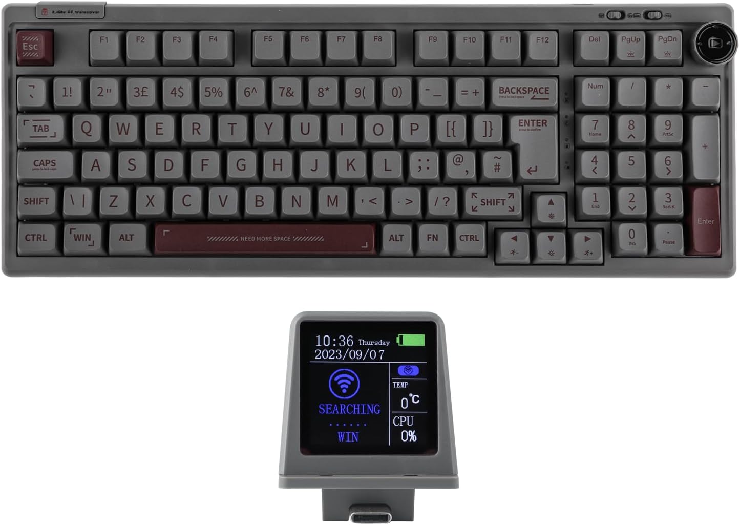 RT100 98 Keys ISO(UK) Mechanical Gaming Keyboard with Customizable Mini TV and Knob, Gasket, Three Mode (BT5.0/2.4Ghz/USB-C), Hot Swappable Socket (Gery, Wisteria Linear Switch)