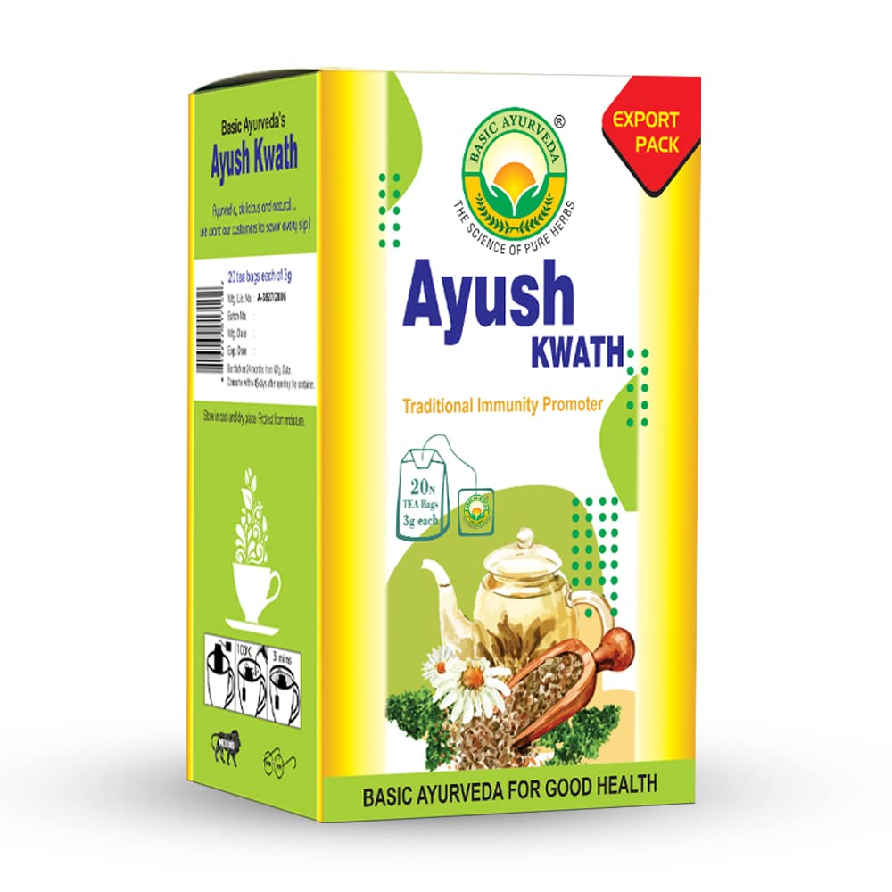 Basic Ayurveda Kwath Kadha Herbal Tea | Spicy Blend of Ginger Holy Basil & Cinnamon | Organic Kadha for Immune & Throat Support | Caffeine Free | 20 Teabags