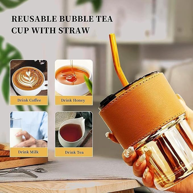 Image of SUANI Viral Glass Tumbler with Lid and Straw, 400ml Transparent Drinking Glass Cup for Iced Coffee, Cold Coffee, Juice, Smoothies, Milk, Tea and Beverages, Pack of 2