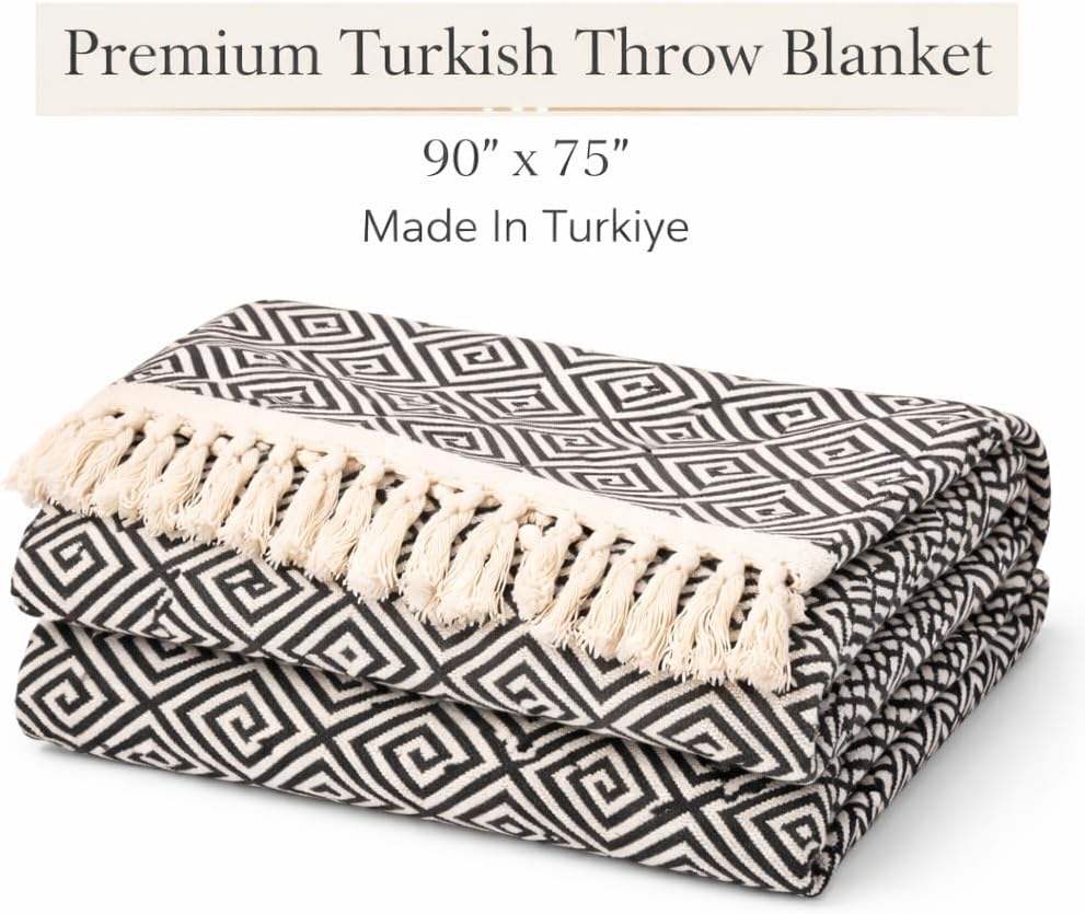 Turkish Throw Blanket for Bed Decorative - 75 x 90 Inch Cotton Black and White Oversized Bed Blanket and Couch Cover
