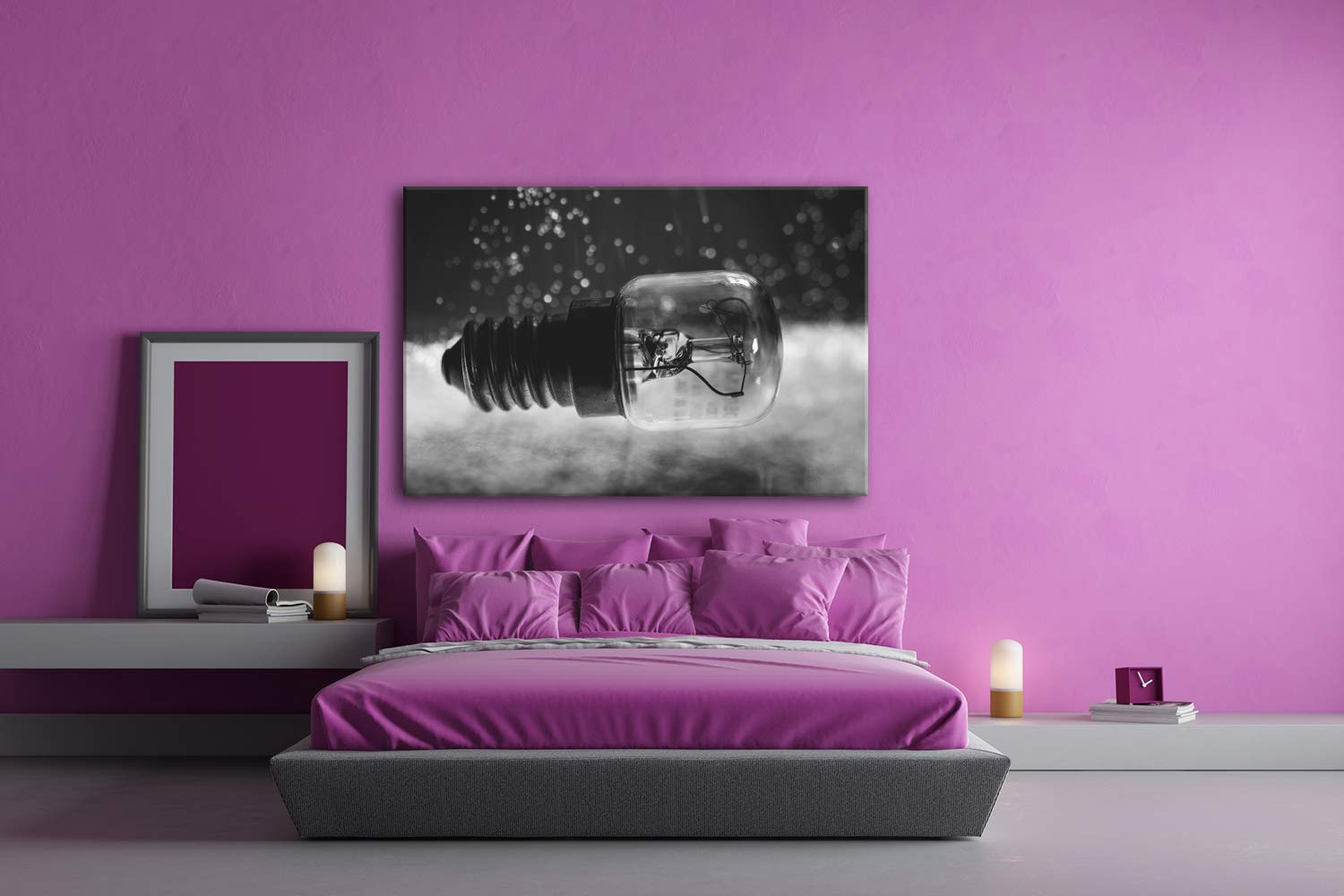Bombilla Rosca Efecto: Blanco y Negro como Lienzo, diseño Enmarcado en Marco de Madera, impresión Digital Marco, no es un póster o Cartel, 100x70