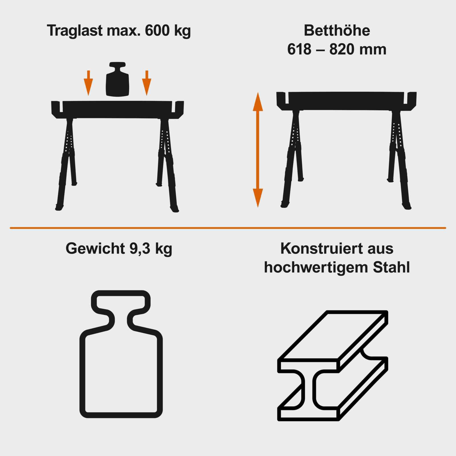 IXES Arbeitsbock IX-UTS600 Untergestell | Set bestehend aus 2 Untergestellen | Traglast max. 600 kg | Betthöhe 618-820 mm | aus hochwertigem Stahl