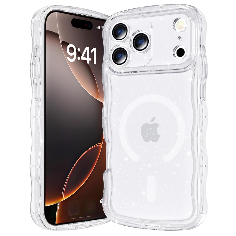 【JOOBOY】 スマホケース 対応 iPhone 17 Pro Max ケース MagSafe対応 クリア 透明 キラキラ フラッシュ ウェーブエッジ 波形 おしゃれ かわいい 高級なTPU素材 TPU+PCパネル ハード 保護カバー 衝撃吸収 ストラップホール付き アイフォン17プロマックス 携帯電話カバー (ホワイト, iPhone17 Pro Max)