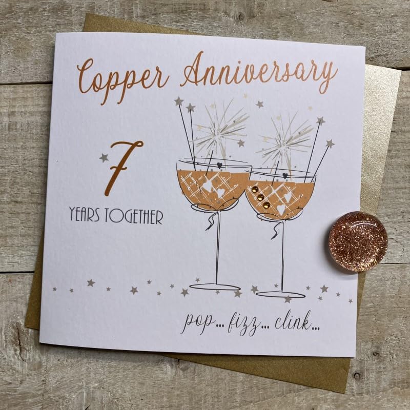 WHITE COTTON CARDS 7TH COPPER - COUPE GLASSES WITH SPARKLERS ANNIVERSARY CARD, HAND FINISHED (SAA7)