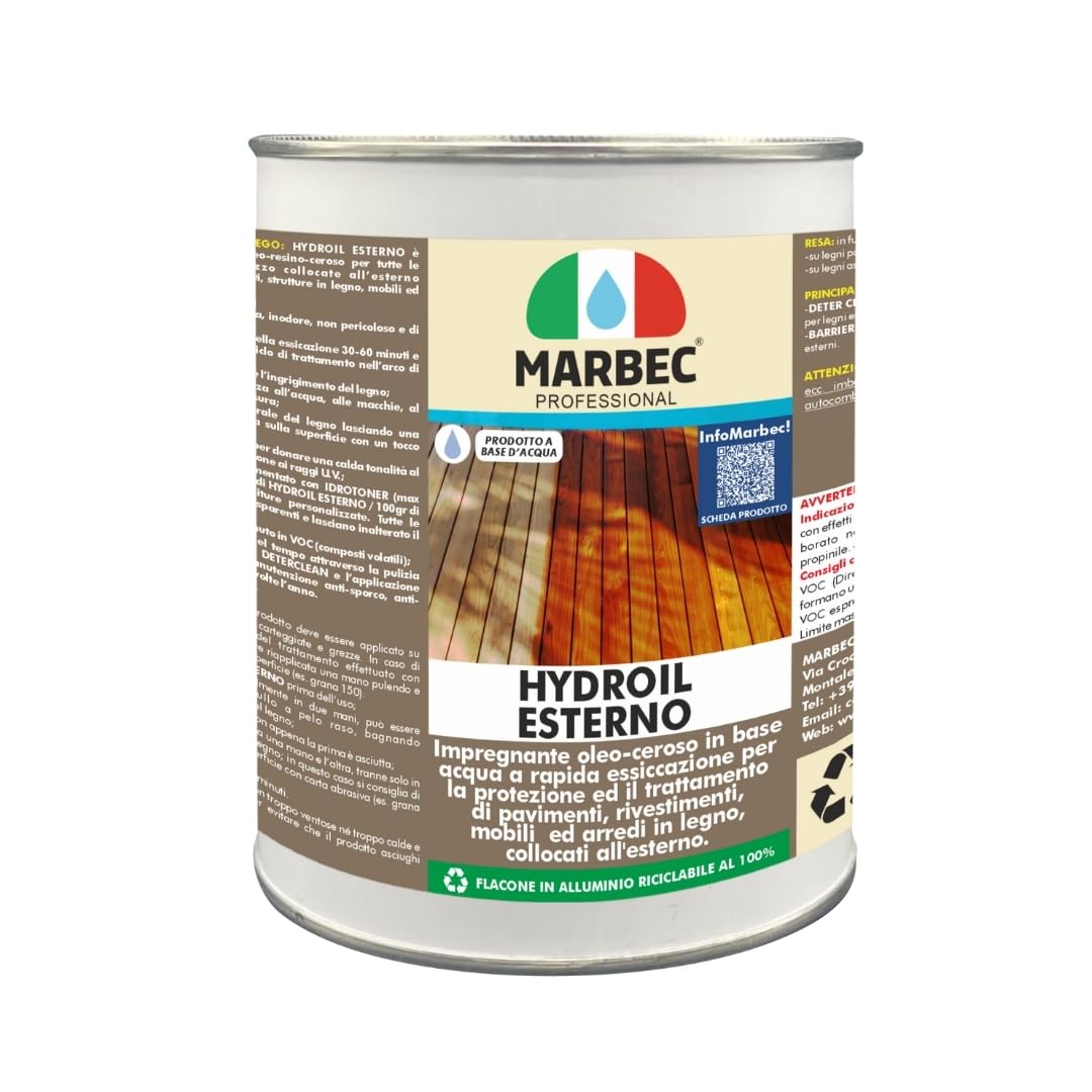 MARBEC HYDROIL ESTERNO 1KG Olio impregnante per legno esterno in base acqua a rapida essiccazione. Ideale per il trattamento del fai da te di pavimenti, arredi giardino e infissi esterni.