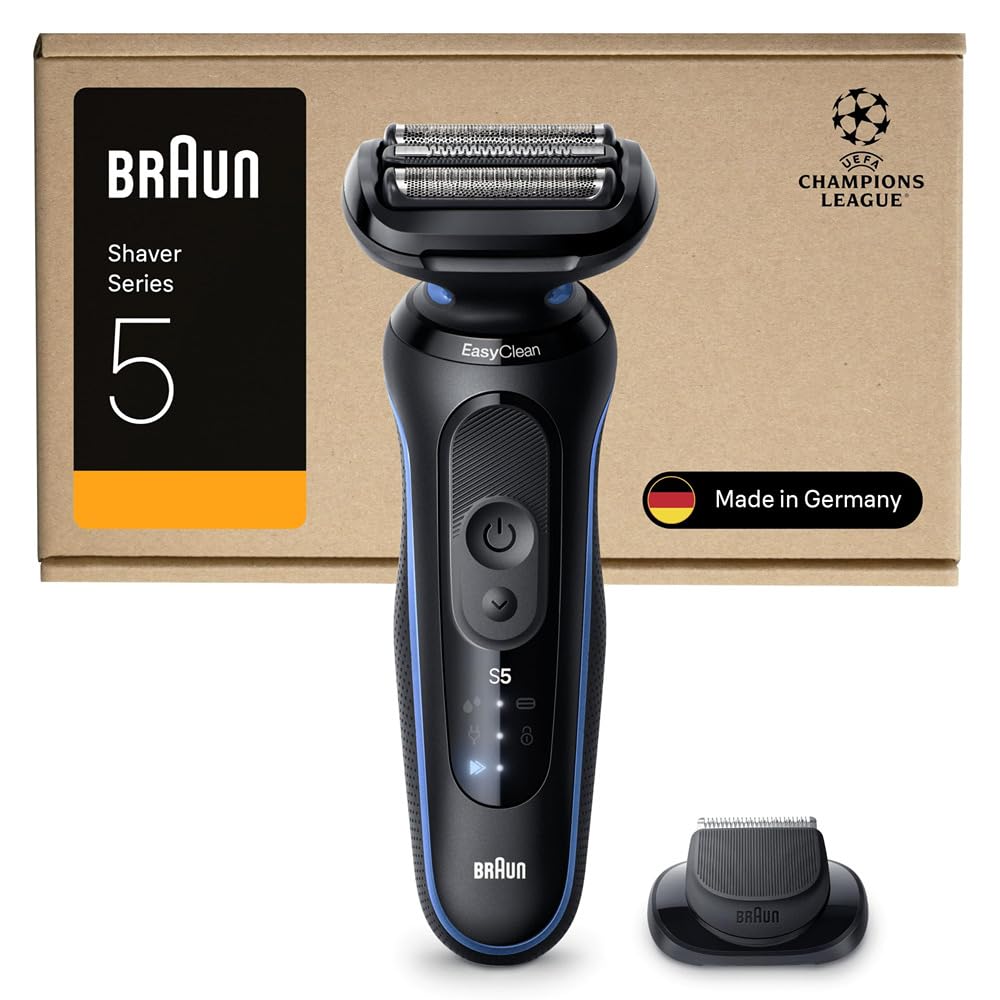 Braun Afeitadora Eléctrica Hombre Series 5, Máquina De Afeitar Barba En Seco Y En Mojado, 2 Modos De Afeitado, 50 Min De Uso, Carga Rápida, Recortadora De Precisión, Estuche De Viaje, 52-B1200SI,Azul