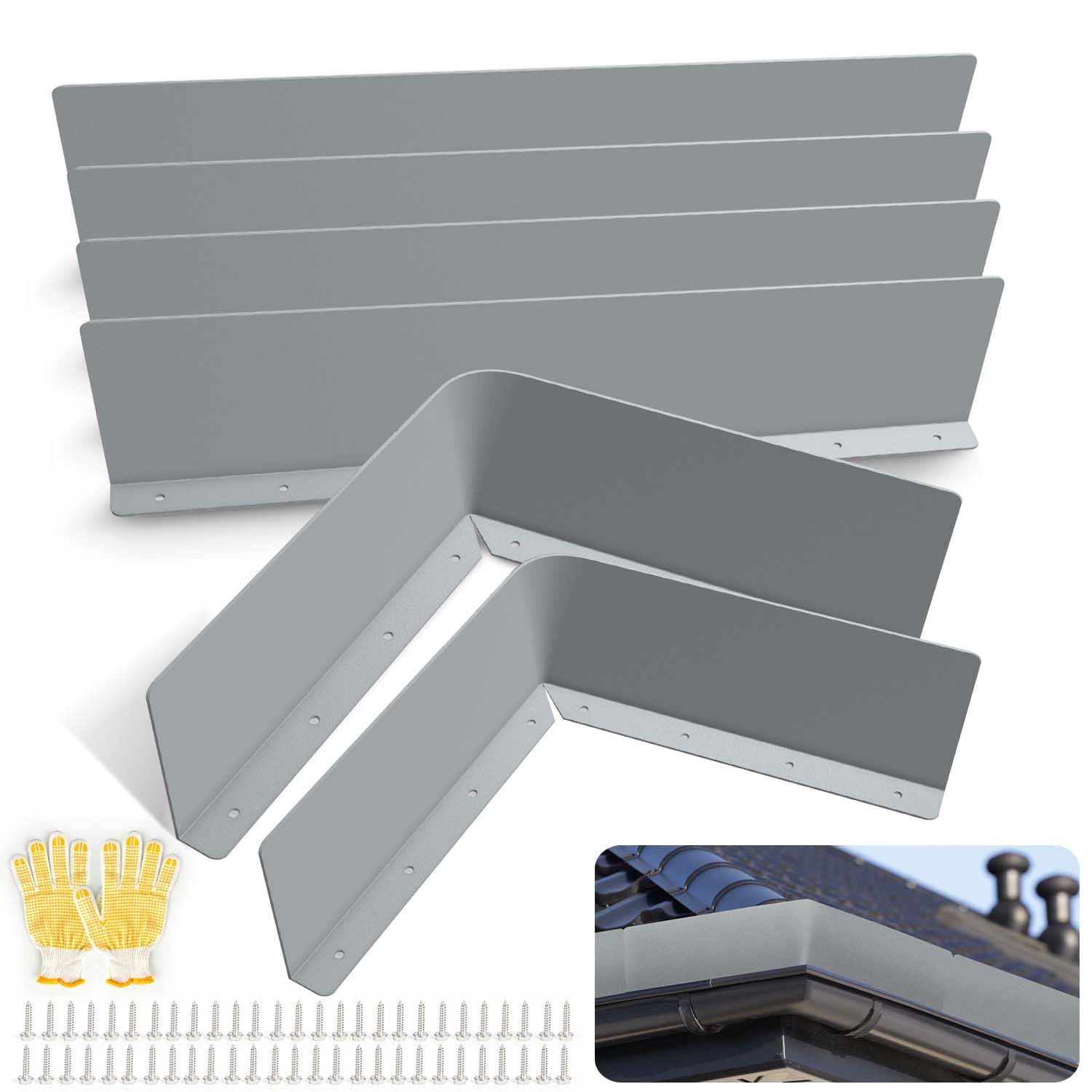 CAPHONT Protectores contra salpicaduras de canalón, paquete de 6 protectores de canalón de lluvia de aluminio grueso para tejas de techo, protector de goteo de lluvia para esquina y casa recta con