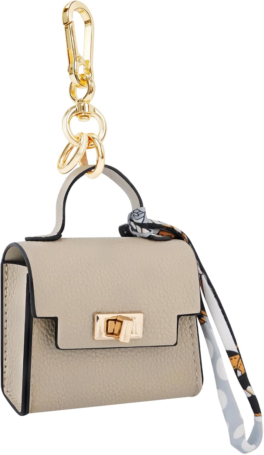 Mini Backpack Keychain, Leather Small Coin Purse for Women, Cute Hand Bag Charms with Key Holder & Twist-lock (Beige)