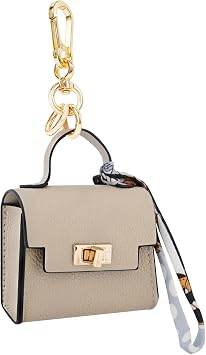 Mini Backpack Keychain, Leather Small Coin Purse for Women, Cute Hand Bag Charms with Key Holder & Twist-lock Beige