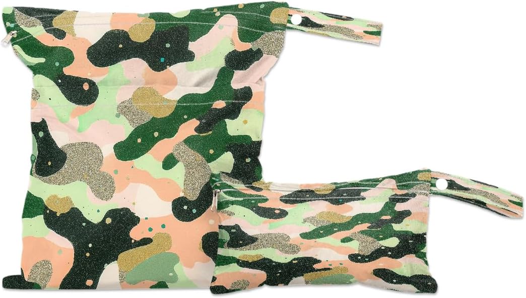 2-Pack Waterproof Wet Dry Bags for Swimsuits & Travel - Large & Small Sizes with Snap Handles, Lightweight Green Gold Camo Design Print Polyester Bags (11.8"x13.5" + 8.7"x5.1")