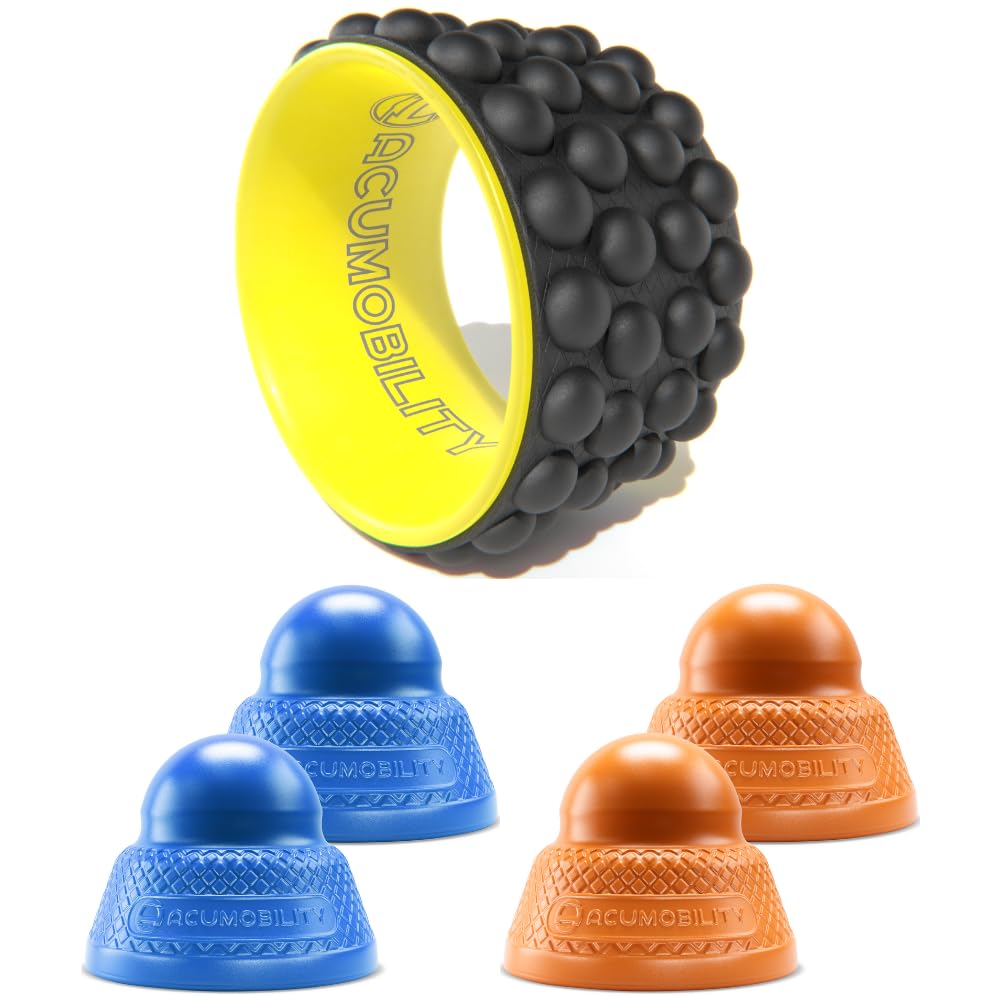 Acumobility Back Stretcher, Back Cracker, Back Roller, Back Foam Roller, Back Stretcher & Back Cracking Device Yellow with Massage Ball Roller 2 Pack Blue & 2 Pack Orange - Trigger Point Massage Balls